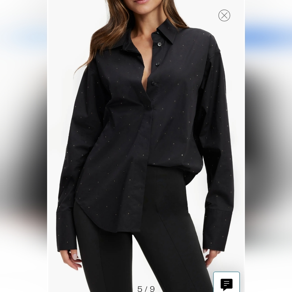 Good American Crystal Studded Oversize Stretch Poplin Shirt